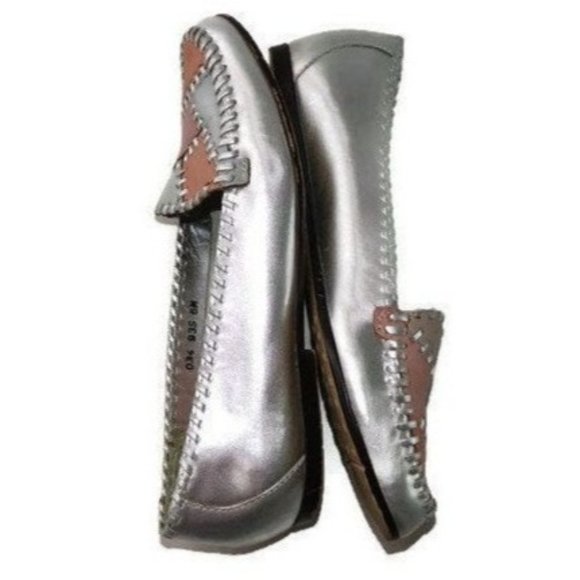 Vintage Womens Size 6 Shoes Metallic Silver Pink Leather Patchwork Moccasin - Picture 4 of 9